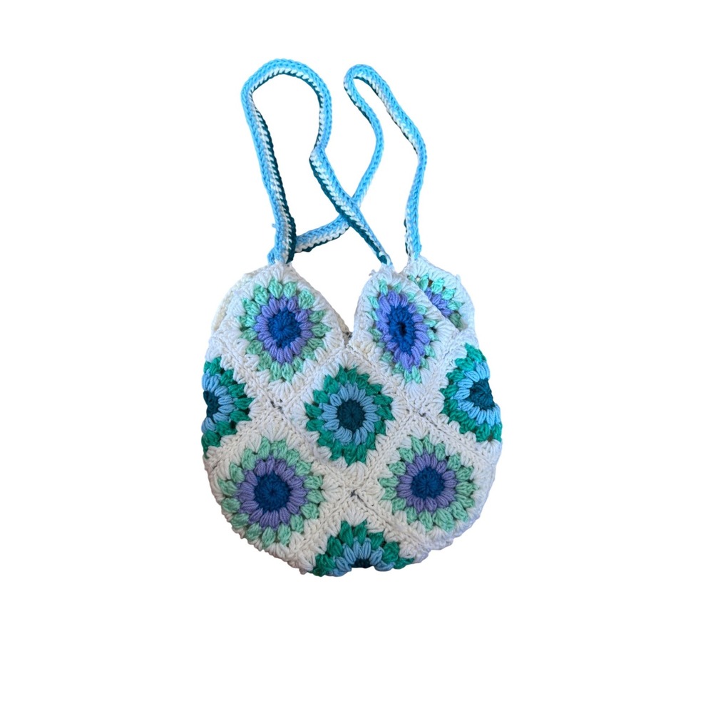 Handmade Crochet Floral Granny Square Shoulder Bag Blue Purple Boho Tote